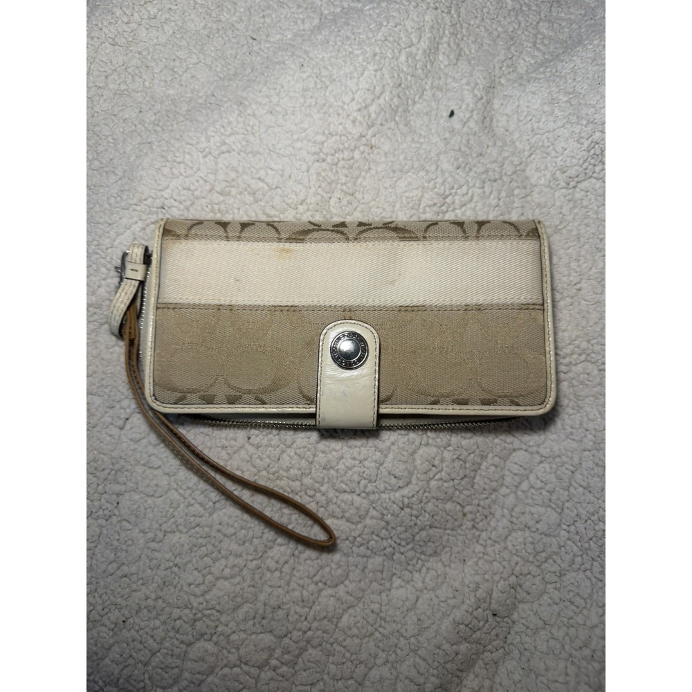 Coach Signature Stripe Long Wallet Tan White Monogram Canvas Leather Wristlet